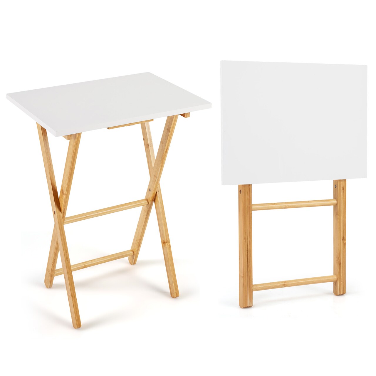White Natural Wicker Folding Snack Table Set of 2 Portable Lightweight TV Tray